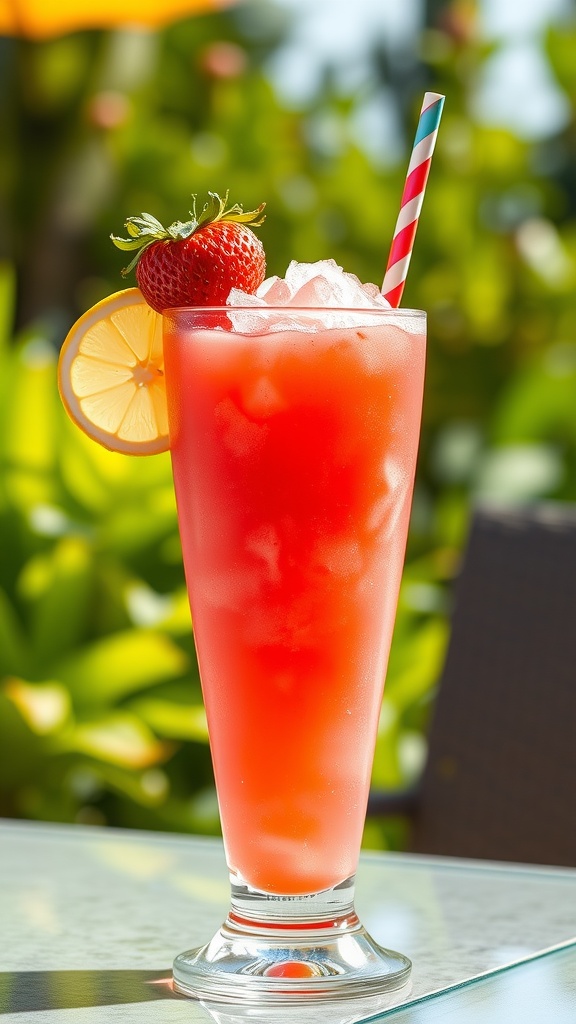 A refreshing tequila strawberry lemonade slush garnished with a strawberry and lemon slice on a sunny table.